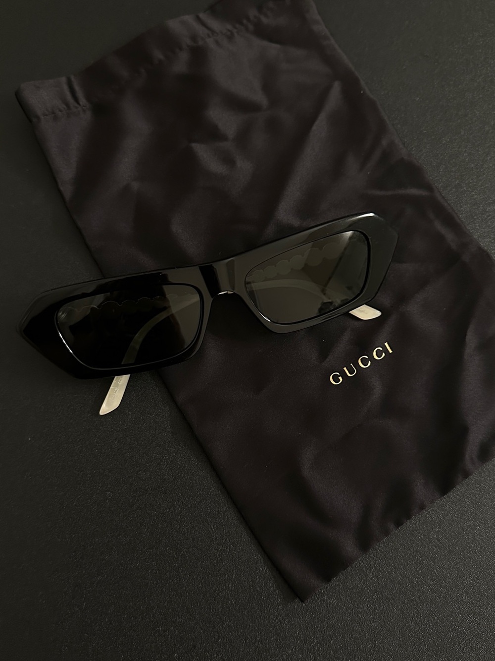 Gucci Black Sunglasses with Gold Logo and Silver Rhinestone Accent